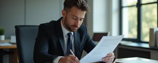 Photographie professionnelle montrant un avocat en costume sombre analysant des documents juridiques dans un bureau moderne, éclairage naturel et composition équilibrée