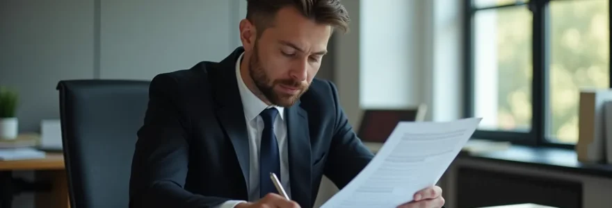 Photographie professionnelle montrant un avocat en costume sombre analysant des documents juridiques dans un bureau moderne, éclairage naturel et composition équilibrée