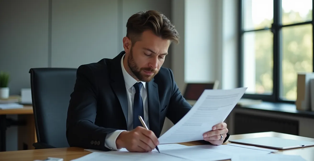 Photographie professionnelle montrant un avocat en costume sombre analysant des documents juridiques dans un bureau moderne, éclairage naturel et composition équilibrée