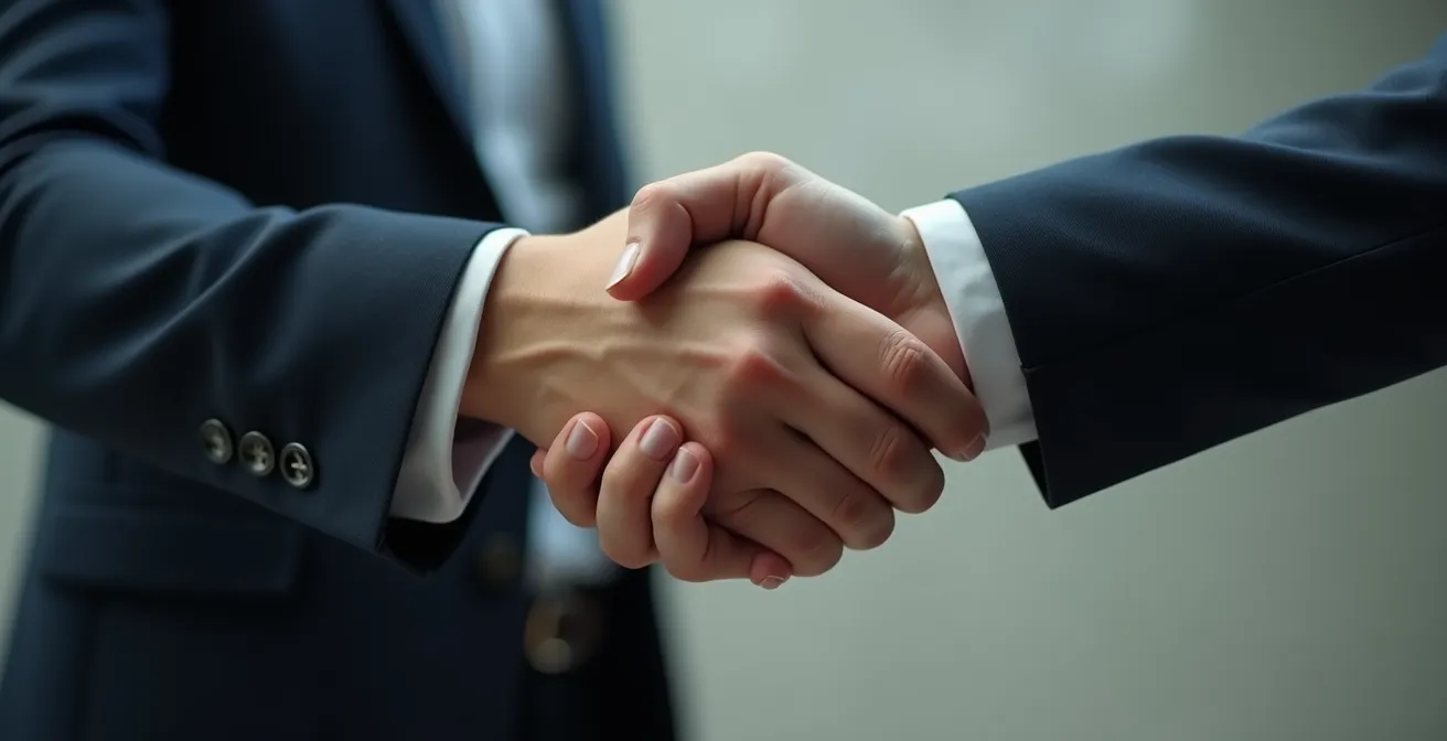 Photographie humaniste montrant des mains en poignée de main professionnelle, symbolisant la négociation et le dialogue judiciaire