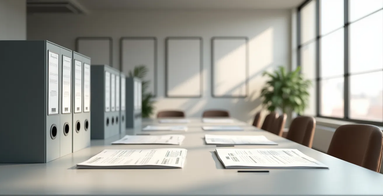 Vue environnementale minimaliste d'un bureau d'avocat moderne avec des dossiers organisés, lumière naturelle et composition épurée