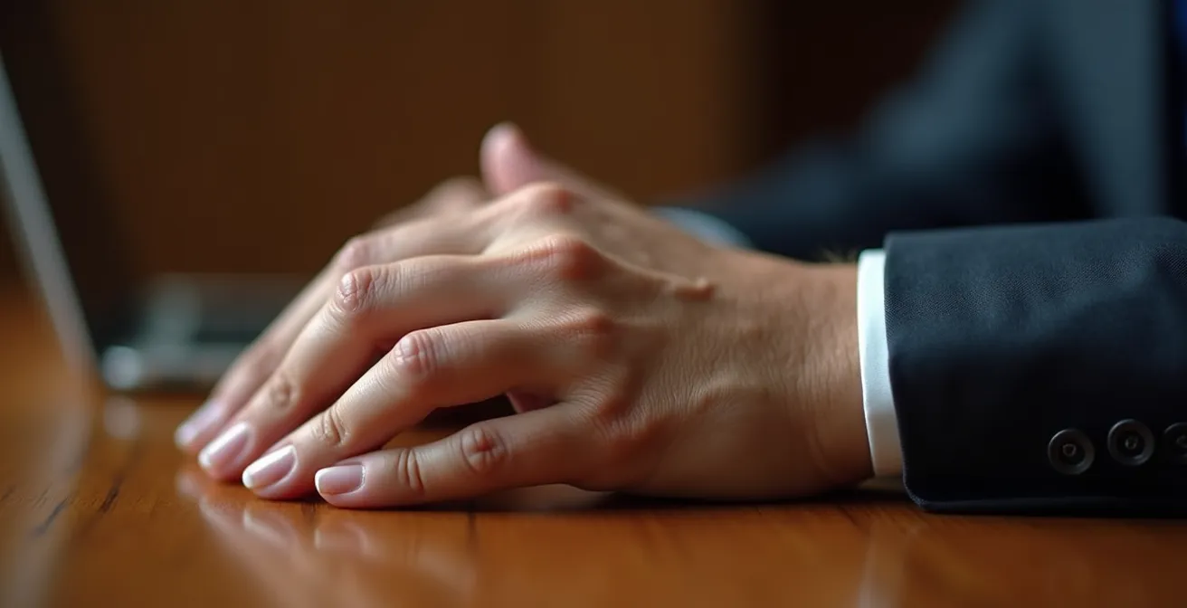 Photographie macro montrant des mains d'avocat posées sur une table, éclairage tamisé créant une atmosphère de réflexion stratégique