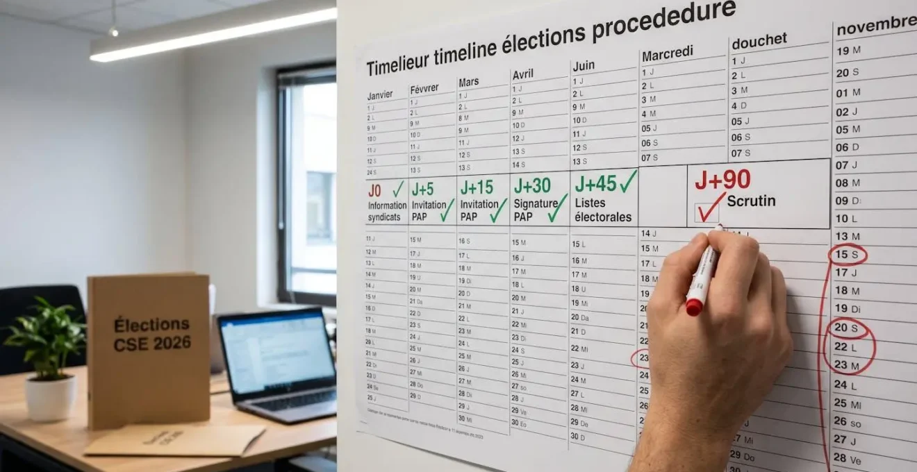 Calendrier mural de procédure CSE avec jalons annotés en français (J0, J+15, J+30, J+45, J+90), main cochant une étape accomplie, bureau de responsable RH, chemise 'Élections CSE 2026' en arrière-plan