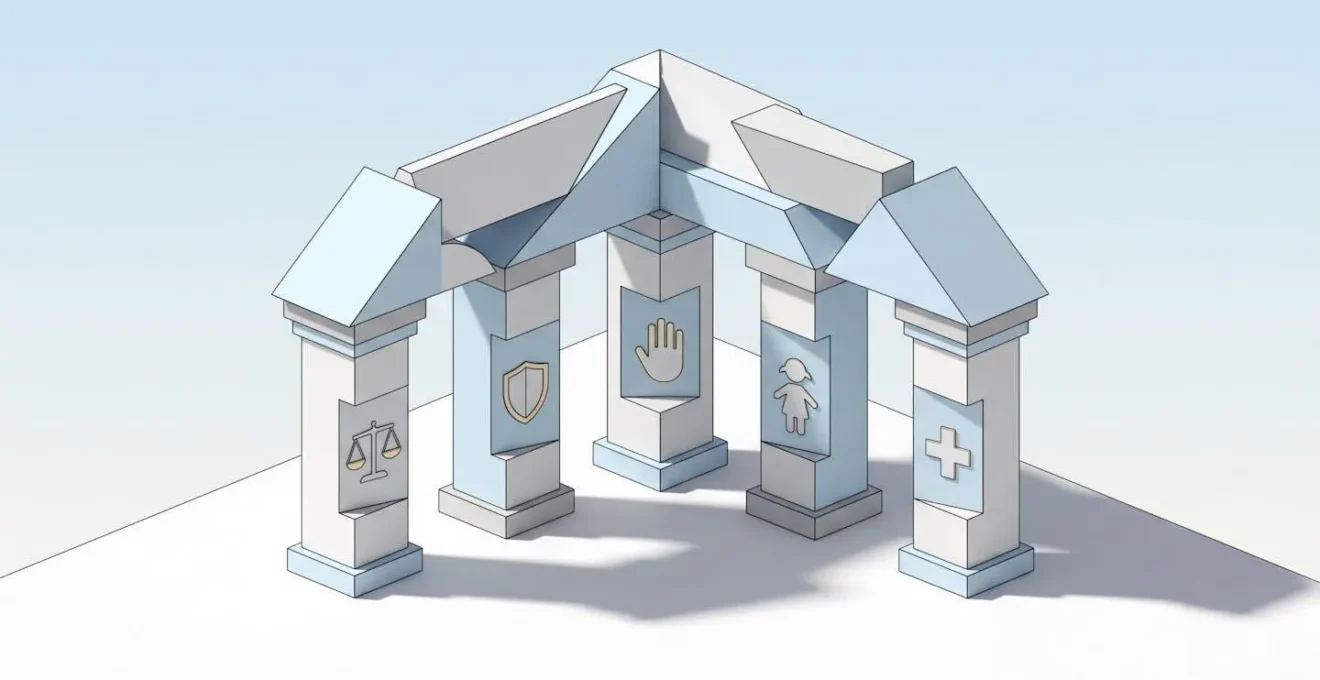 Illustration 3D de cinq piliers géométriques blancs disposés en arc de cercle, chacun orné d'un symbole (balance, bouclier, main, enfant, croix médicale), soutenant un toit abstrait protecteur sur fond bleu clair