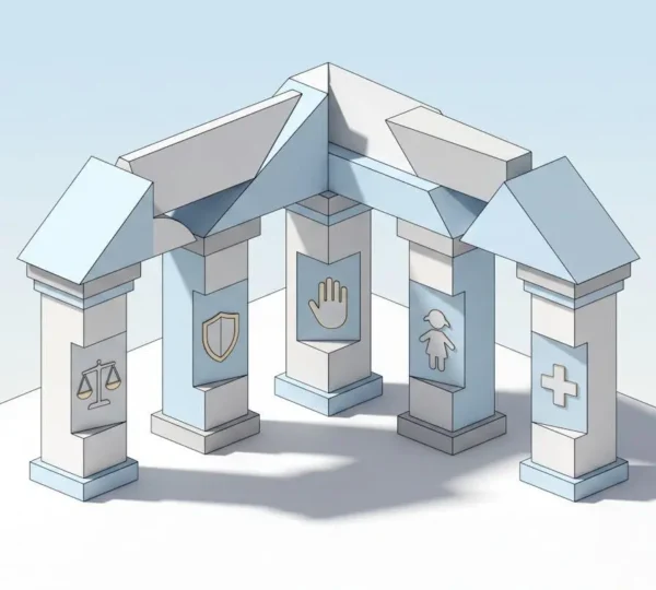 Illustration 3D de cinq piliers géométriques blancs disposés en arc de cercle, chacun orné d'un symbole (balance, bouclier, main, enfant, croix médicale), soutenant un toit abstrait protecteur sur fond bleu clair
