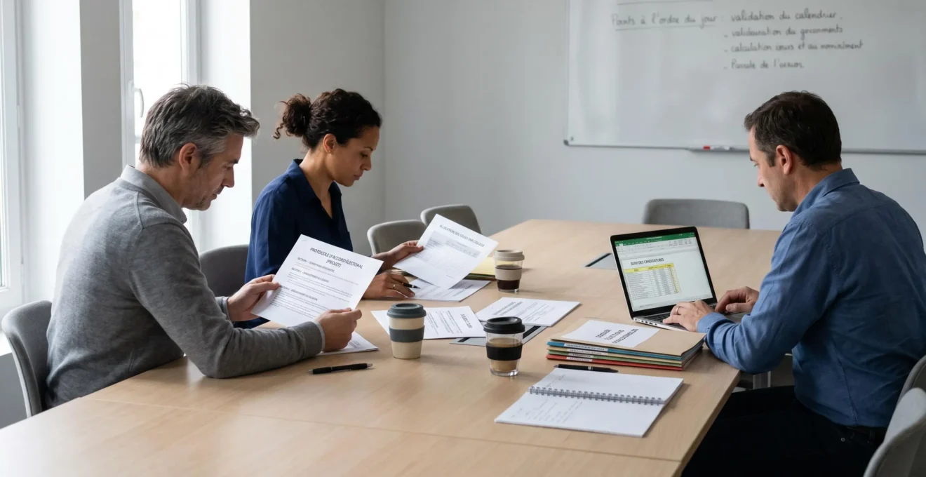 Table de réunion avec trois personnes consultant des documents relatifs au protocole d'accord préélectoral CSE, ordinateur portable ouvert, salle de réunion d'entreprise contemporaine, lumière naturelle