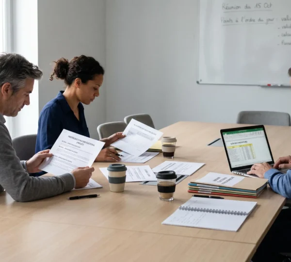 Table de réunion avec trois personnes consultant des documents relatifs au protocole d'accord préélectoral CSE, ordinateur portable ouvert, salle de réunion d'entreprise contemporaine, lumière naturelle
