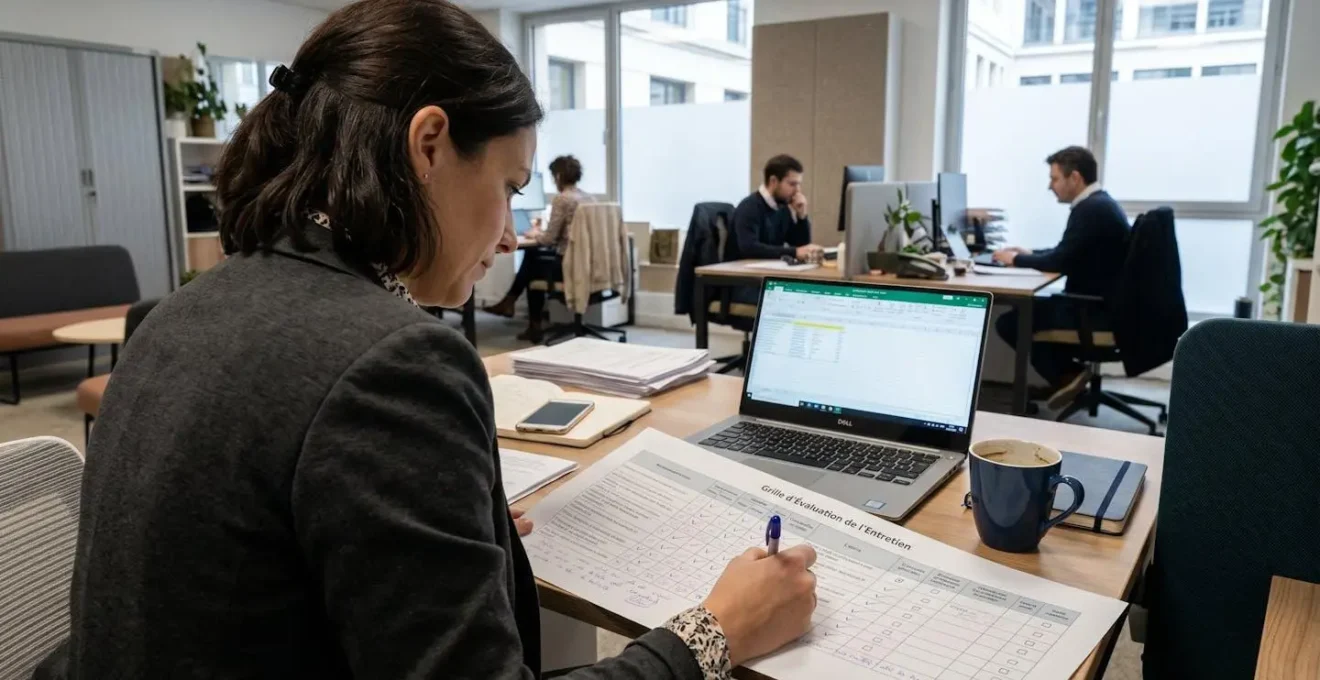 Professionnel RH vu de dos examinant une grille d